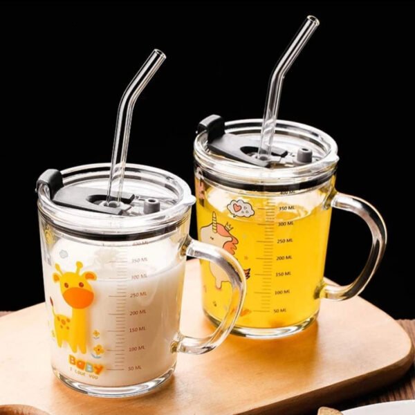 KiKiluxxa Cartoon Print Creative Milk Glass Sipper Cup/Mug with Handle and Spill Proof Lid and Straw Tumbler - Random Design (Transparent, 350ml) - Image 3