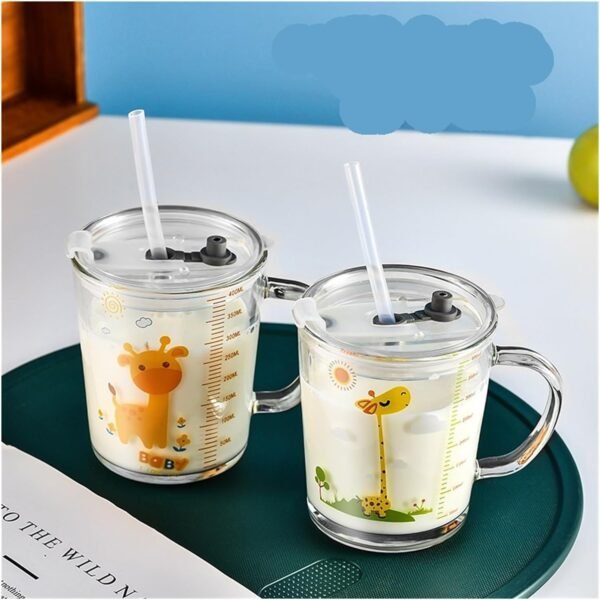 KiKiluxxa Cartoon Print Creative Milk Glass Sipper Cup/Mug with Handle and Spill Proof Lid and Straw Tumbler - Random Design (Transparent, 350ml) - Image 2