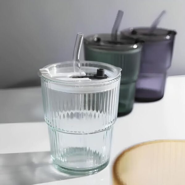 KiKiluxxa Slab Lined Glass Sipper Mug with Lid and Straw - 380ml - Pack of 1 - Green Tea Coffee Tumbler Cup with Straw and Lid for Kids Fruit Juice Milk Can Glass (Casio SALB 1) - Image 5