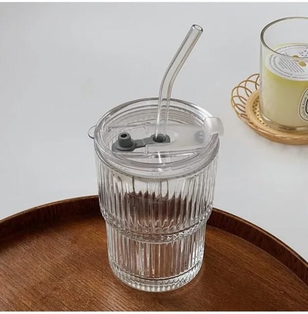 KiKiluxxa Slab Lined Glass Sipper Mug with Lid and Straw - 380ml - Pack of 1 - Green Tea Coffee Tumbler Cup with Straw and Lid for Kids Fruit Juice Milk Can Glass (Casio SALB 1) - Image 4