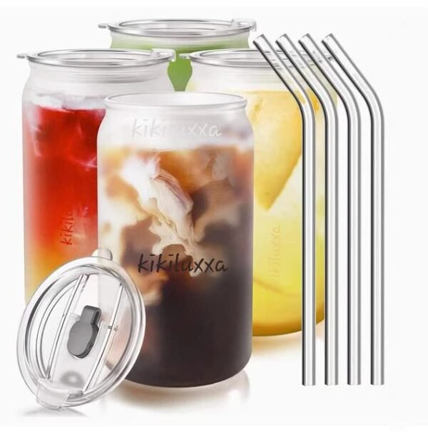 KiKiluxxa Glass Mug with Lid and Straw - 540ML - Pack of 1 - Glass Sipper Tumbler Kids Mug for Fruit Juice Milk Tea and Coffee Can Cup with Glass Straw (540ml Can B1) - Image 4