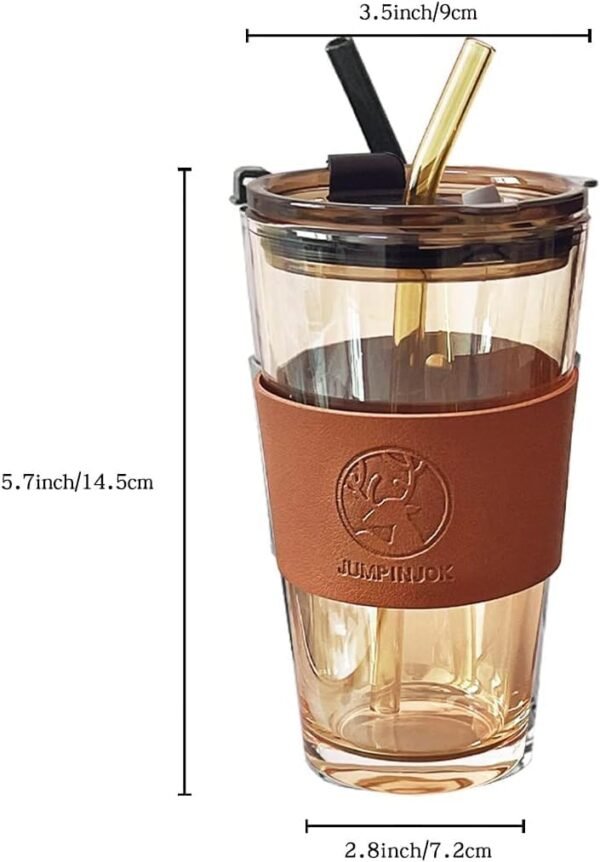 KiKiluxxa Drinking Glass Travel Tea Coffee Fruit Juice Milk Sipper Straw Mug and Lid -Pack of 2-400ml Leather Sleeve Drinking Tumblers for Iced Cocktail, Smoothiest Drink Cups (Bzox UK 2) - Image 5