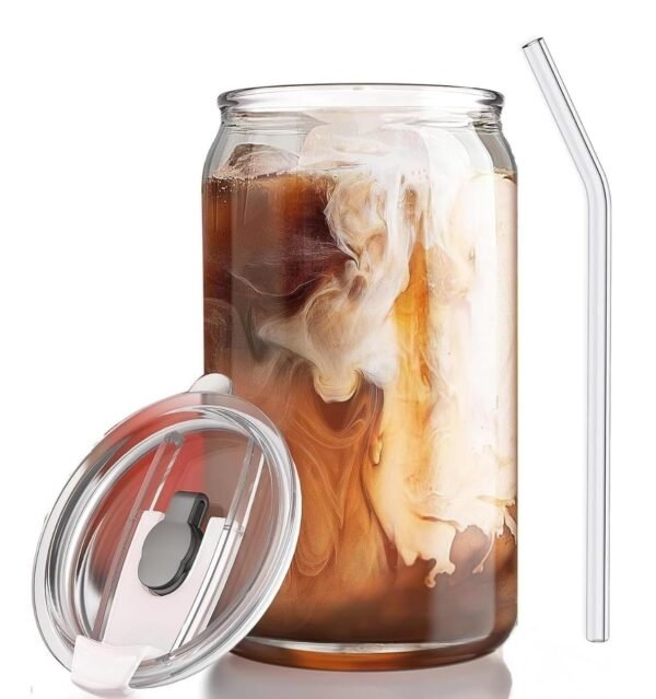 KiKiluxxa Glass Coffee Sipper Can with Straw, Transparent Glass Fruit Juice Milk Sipper Tumbler Mug with Lid - 540ml - Pack of 1 - Tea and Coffee Cup Can Set (Zemba Acreylic Can)