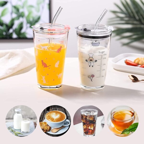 KiKiluxxa Tea and Coffee Fruit Juice Milk Water Mijoito Glass Sipper Tumbler Mug for Kids and Adults Girls/Boys with Silicon Straw and Lid - 370ml - Pack of 2 - Random Design (AudoMax 2) - Image 7