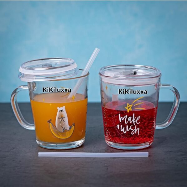 KiKiluxxa Cartoon Print Creative Milk Glass Sipper Cup/Mug with Handle and Spill Proof Lid and Straw Tumbler - Random Design (Transparent, 350ml) - Image 6