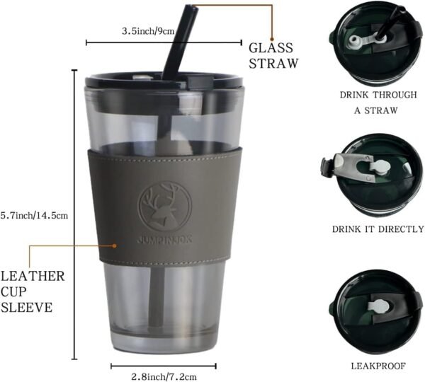 KiKiluxxa Glass Travel Sipper Tumbler Mug with Straw and Lid - 400ml-Pack of 1 - Tea and Coffee Fruit Juice Milk Cup with Straw (Knees) - Image 3