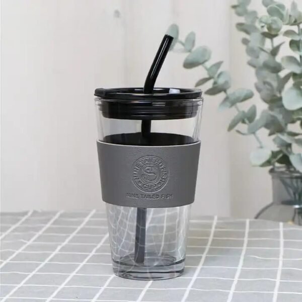 KiKiluxxa Drinking Glass Travel Tea Coffee Fruit Juice Milk Sipper Straw Mug and Lid -Pack of 2-400ml Leather Sleeve Drinking Tumblers for Iced Cocktail, Smoothiest Drink Cups (Bzox UK 2) - Image 4