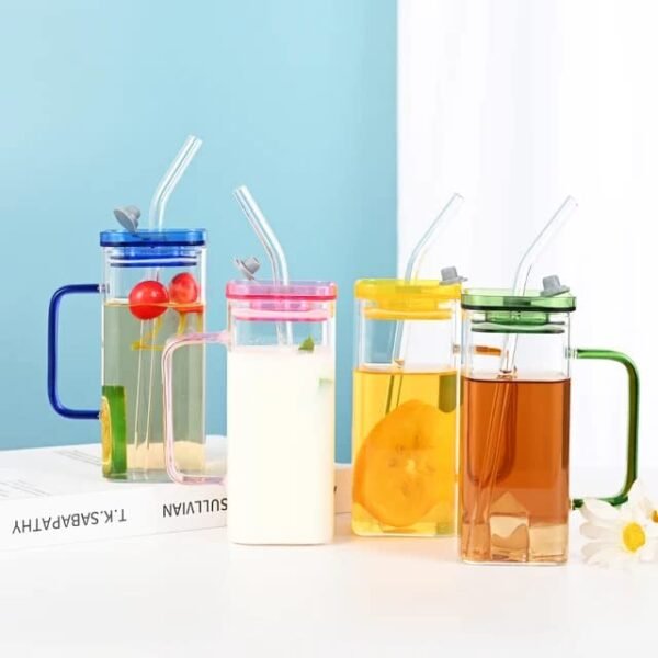 KiKiluxxa Random Clour Squre Glass Sipper Tumbler Tea Coffee Can with Acrylic/Wooden Lid and Straw - 400ml - Pack of 2 - Fruit Milk Juice Cup Glass Straw - Image 4