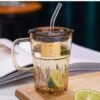 KiKiluxxa Glass Travel Tea and Coffee Fruit Juice Milk Sipper Tumbler Mug with Straw and Lid -Pack of 2-400ml [ MultiClour Items ] (Corian HT 2) - Image 5