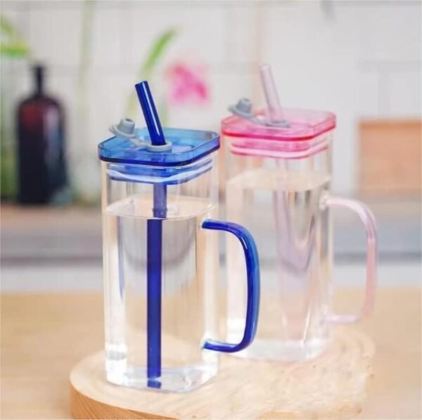 KiKiluxxa Random Clour Squre Glass Sipper Tumbler Tea Coffee Can with Acrylic/Wooden Lid and Straw - 400ml - Pack of 2 - Fruit Milk Juice Cup Glass Straw - Image 2