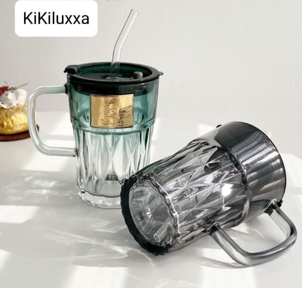 KiKiluxxa Glass Travel Tea and Coffee Fruit Juice Milk Sipper Tumbler Mug with Straw and Lid -Pack of 2-400ml [ MultiClour Items ] (Corian HT 2) - Image 2