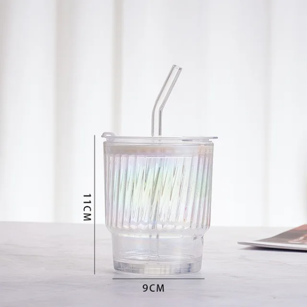 KiKiluxxa Rainbow Shaded Glass Mug Sipper Tumbler with Lid and Silicon Straw Cup - Pack of 2 - Milk Fruit Juice Glass Mug for Kids (Stroxt Rainbow T 2) - Image 8