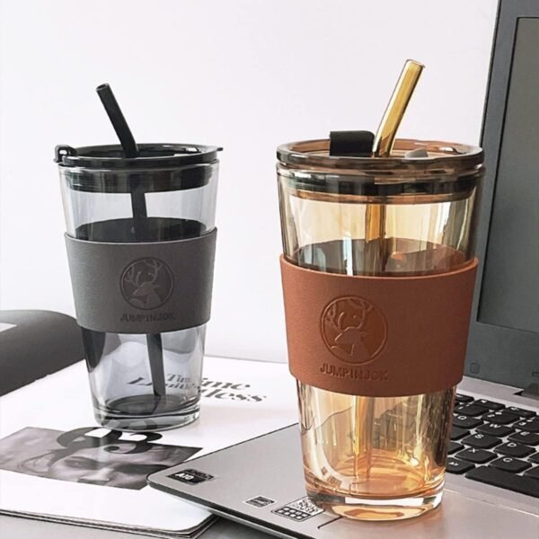 KiKiluxxa Drinking Glass Travel Tea Coffee Fruit Juice Milk Sipper Straw Mug and Lid -Pack of 2-400ml Leather Sleeve Drinking Tumblers for Iced Cocktail, Smoothiest Drink Cups (Bzox UK 2)