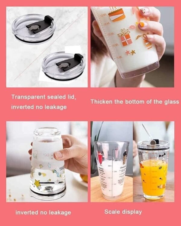 KiKiluxxa Random Design Children's Breakfast Milk Mug for Kids Juice Cup Glass Tumbler Sipper with Lid and Silicon Straw - 400ml Pack of 5 - Image 7