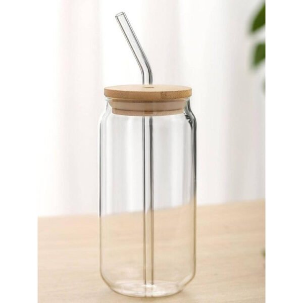 KiKiluxxa Wooden Lid Mojito Tea Glass Can Mug With Straw Pack Of 1-540Ml (Florida Can 1), Clear