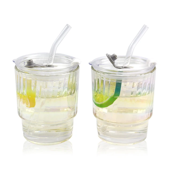 KiKiluxxa Rainbow Shaded Glass Mug Sipper Tumbler with Lid and Silicon Straw Cup - Pack of 2 - Milk Fruit Juice Glass Mug for Kids (Stroxt Rainbow T 2) - Image 2