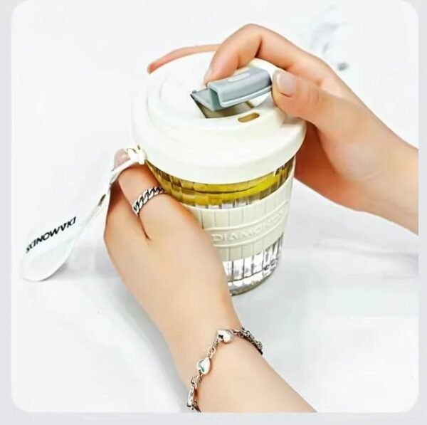 KiKiluxxa White Glass Car Travel Green Tea and Coffee/Fruit Juice/Milk Mug Sipper Tumbler Cup with Lid and Carry Belt - 420ML - Pack of 1 (WKereton Sipper 1) - Image 3