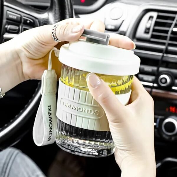 KiKiluxxa White Glass Car Travel Green Tea and Coffee/Fruit Juice/Milk Mug Sipper Tumbler Cup with Lid and Carry Belt - 420ML - Pack of 1 (WKereton Sipper 1) - Image 2