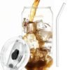 KiKiluxxa Glass Sipper Tumbler Mug with Straw and Pink/Brown Lid Ice Juice Drinks Glass Can Mug with Straw for Milk/Coffee/Green Tea Cup Set of 1-540ml Transparent Glass Cup (Sonic Tumbler 1)