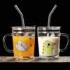 KiKiluxxa Mugs for Kids Random Design Cartoon Print Milk Glass Cup with Handle Spill Proof Lid and Straw Measuring Drinking Mug for Multiple Usage 350 ml Coffee Sipper Tumbler Cups & Mug