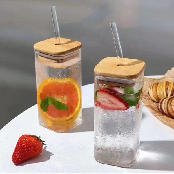 KiKiluxxa Green Tea and Water Drinking Glass Soda Drinks Glass - Tumbler with Steel Straw Wooden Lid Coffee Mug Cup Fruit Juice Bottle for Milk Thick Shake 330ml Pack of 1 (Super Surya 1) - Image 2