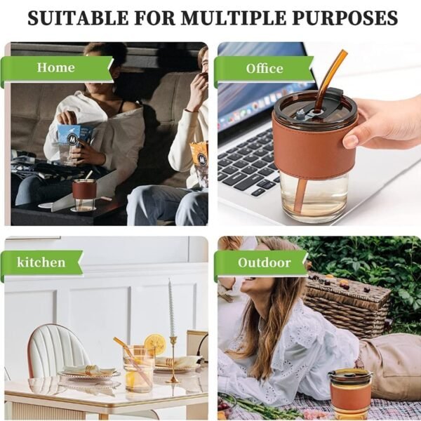 KiKiluxxa Glass Tumbler Mug with Lid, Milk Glass Sipper Straw and Protective Anti-Skid Leather Sleeve for Hot and Cold Beverages (435ml - Brown Leather 1) - Image 5